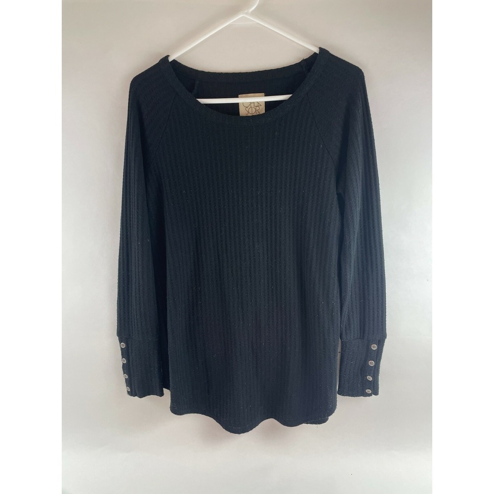 CHA SOR Sweater Women's Size Medium Black Boat Neck Pullover Long Sleeve Buttons